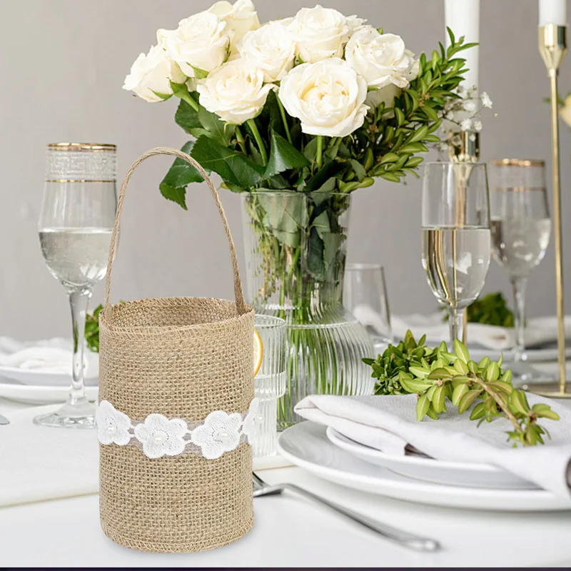 

Wedding Lace Bow Burlap Flower Basket Linen Handle Vintage Rustic Wedding Ceremony Table Decor Baby Shower Party Candy Gift Bags