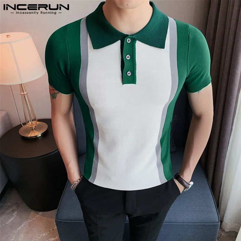 

Korean Style Mens Contrasting Knitted Shirts Casual Streetwear Male All-match Short Sleeved Lapel Blouse S-5XL INCERUN Tops 2023