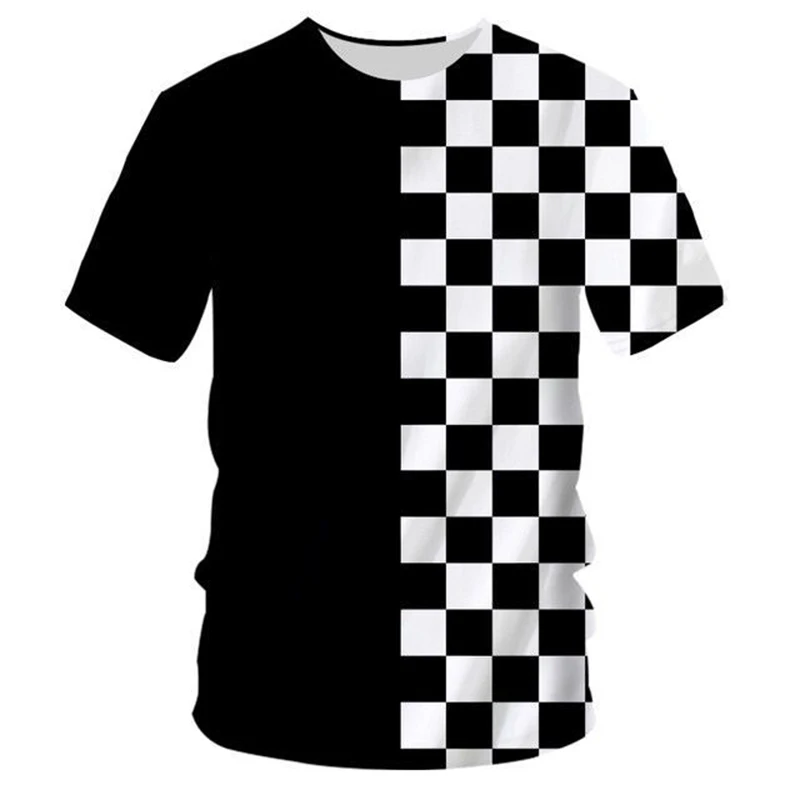 2023 Summer Tee Shirt Homme Fashion O Neck 3D T Shirts Printed Black and white plaid Hip Hop 5XL 6XL Habiliment Man