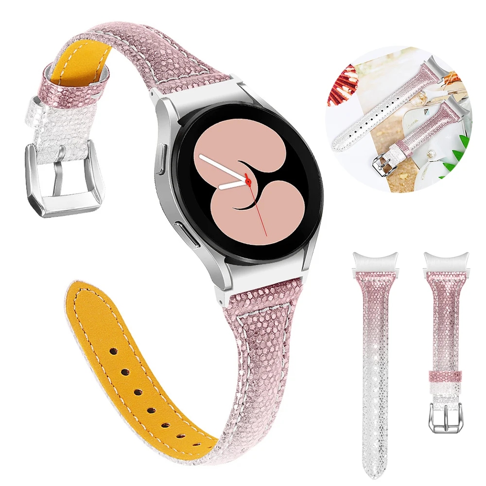 

Ремешок кожаный без зазора для Samsung Galaxy Watch 4 40 мм 44 мм, тонкий женский браслет с блестками, классический браслет 4 46 мм 42 мм