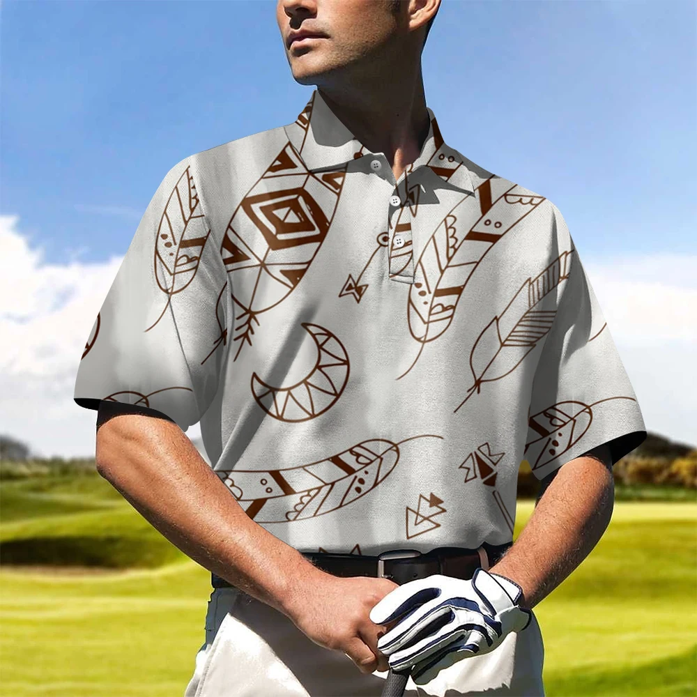 

Fashion Trend Men's Shirt Golf Shirt Casual Breathable Comfortable Feather Print Simple Lapel Button Men's Luxury Polo Shirt