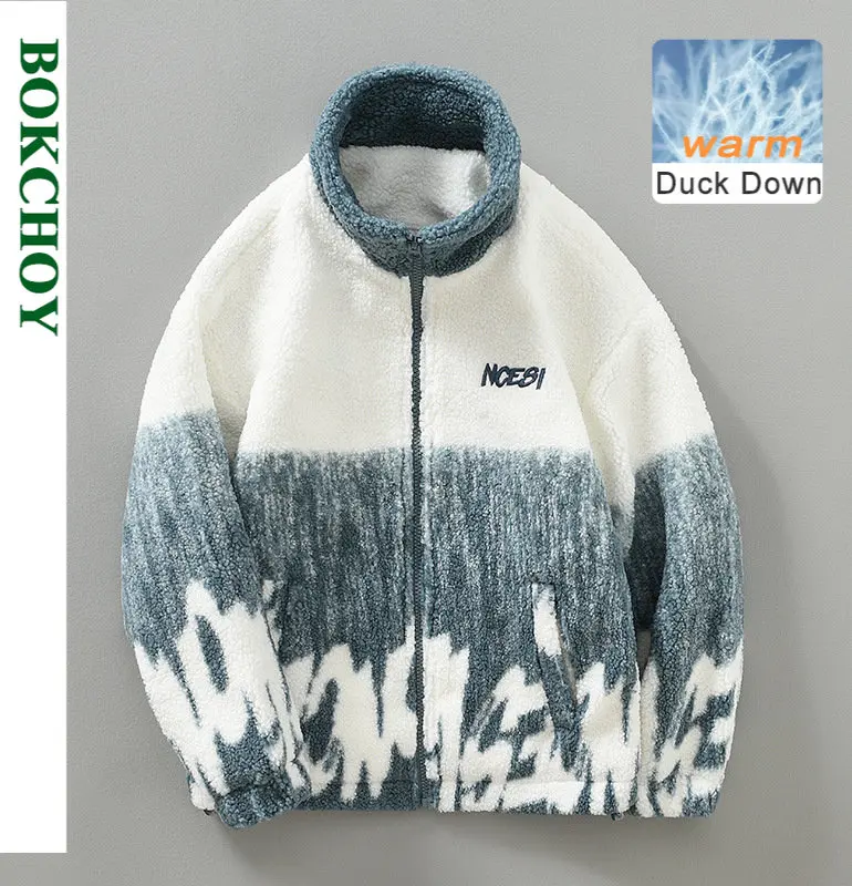2022 Autumn Winter New Tie Dyed Grain Down Embroidery Lamb Wool Coat Casual Male Youth Trend 90% White Duck Down Jacket H220107