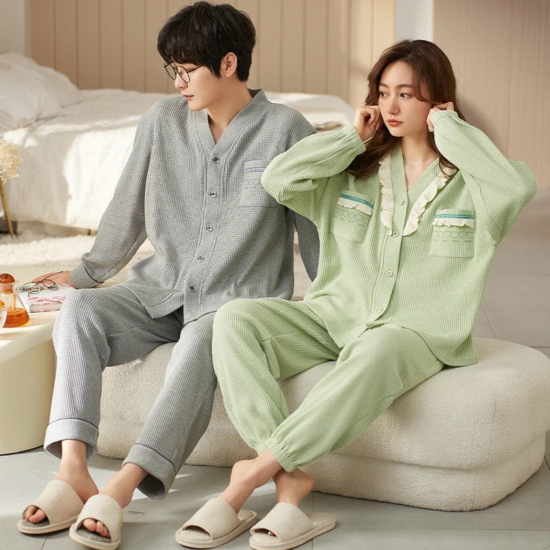 

Осенне-зимняя Хлопковая пижама для пар, комплект из 2 предметов, Кардиган с длинным рукавом, пижама большого размера, Милая женская пижама