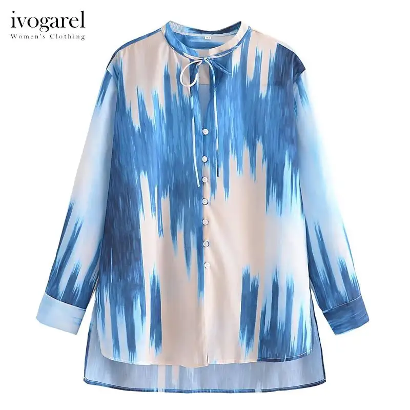 

Ivogarel Ikat Print Ramie Shirt with Ties Traf Women's Y2k Long Sleeve Blouse V-Neck Design with Knot Tie Details