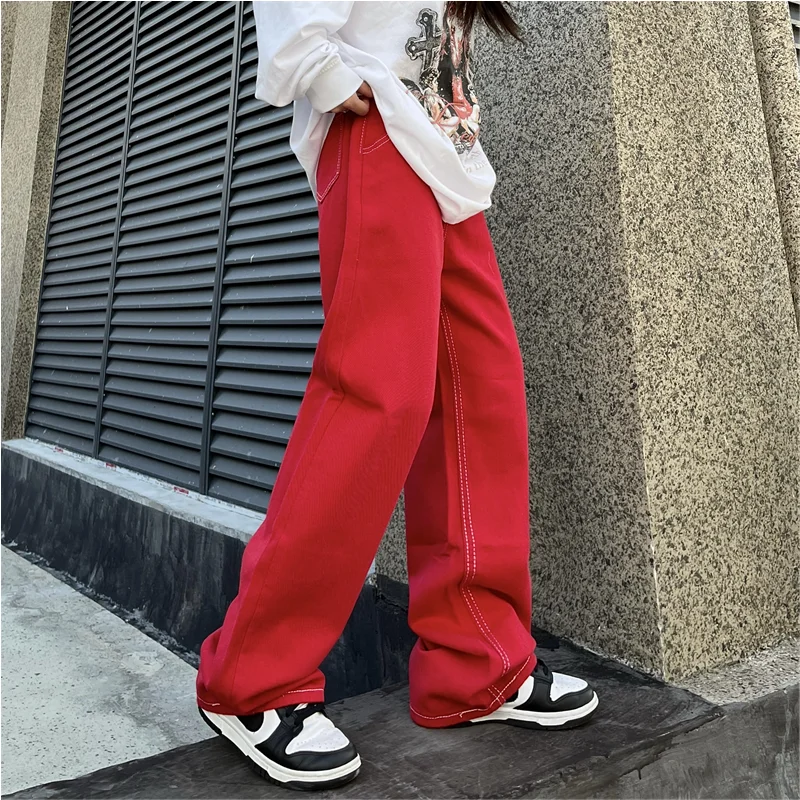 Streetwear Men 2022 Fashion New Pattern Vintage Recreational Red Jeans Loose Straight Cylinder Broad Leg Trousers Autumn Female