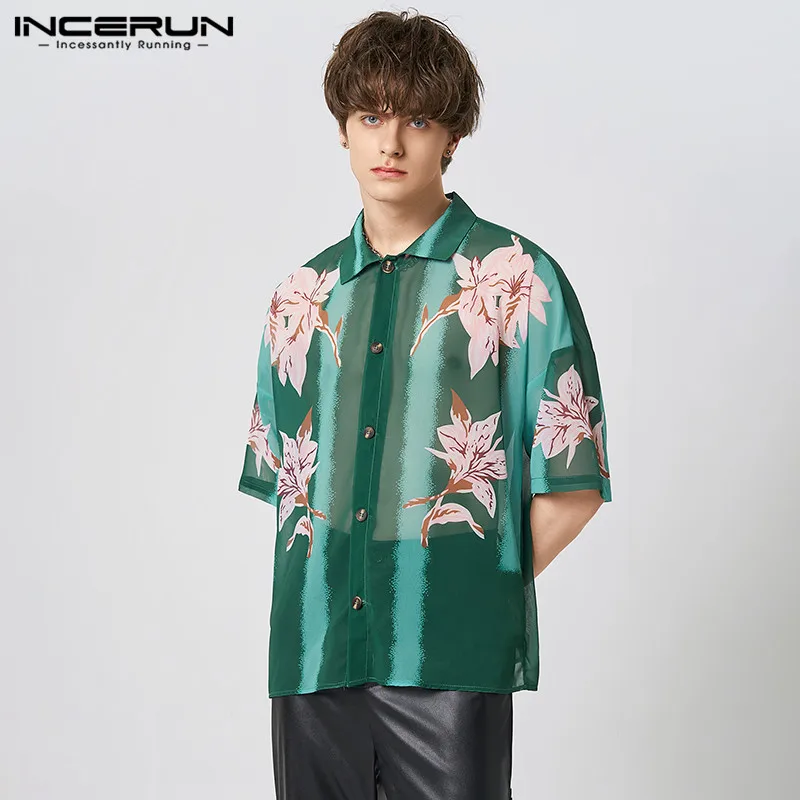 

Fashion Casual Style Tops INCERUN Mens Chiffon Floral Printing Shirts Stylish Party Show Best-selling Short Sleeved Blouse S-5XL