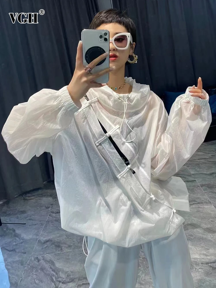 

VGH Casual Sun Protection Short Coats For Women Hooded Collar Long Sleeve Irregular Single Breasted Coat Female Summer Clothing