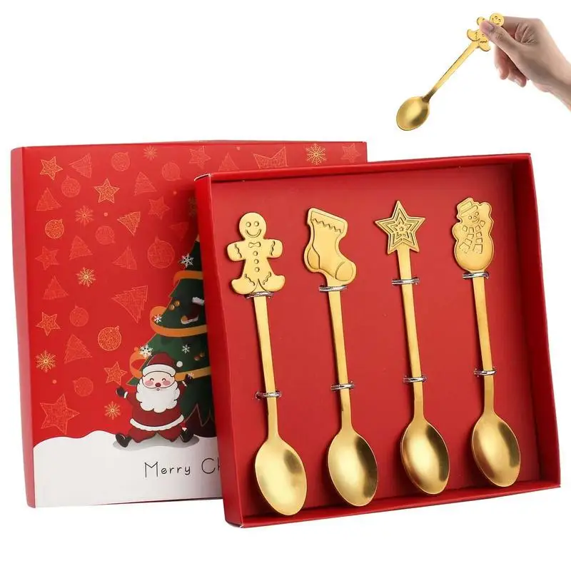 Christmas Spoon Gift Set Stainless Spoons Set 4 Pieces Tea Spoons Soup Spoon Cute Eating Utensils Flatware Sets With Gift Box