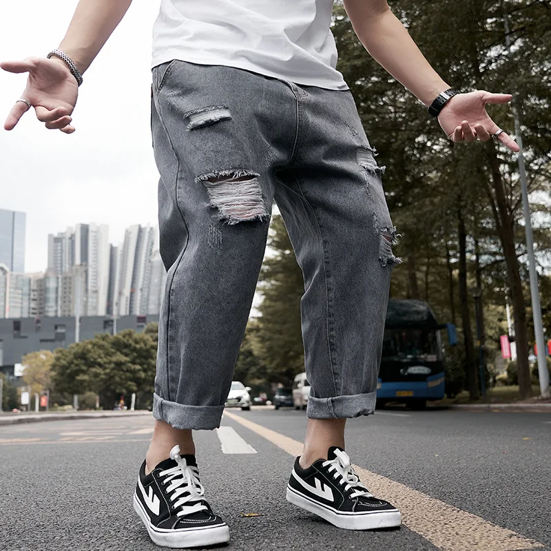 Plus Size Baggy Ripped Jeans Men Denim Pants Grey Wide Leg Trousers Men's Jeans Loose Casual Korean Streetwear Hip Hop Holes