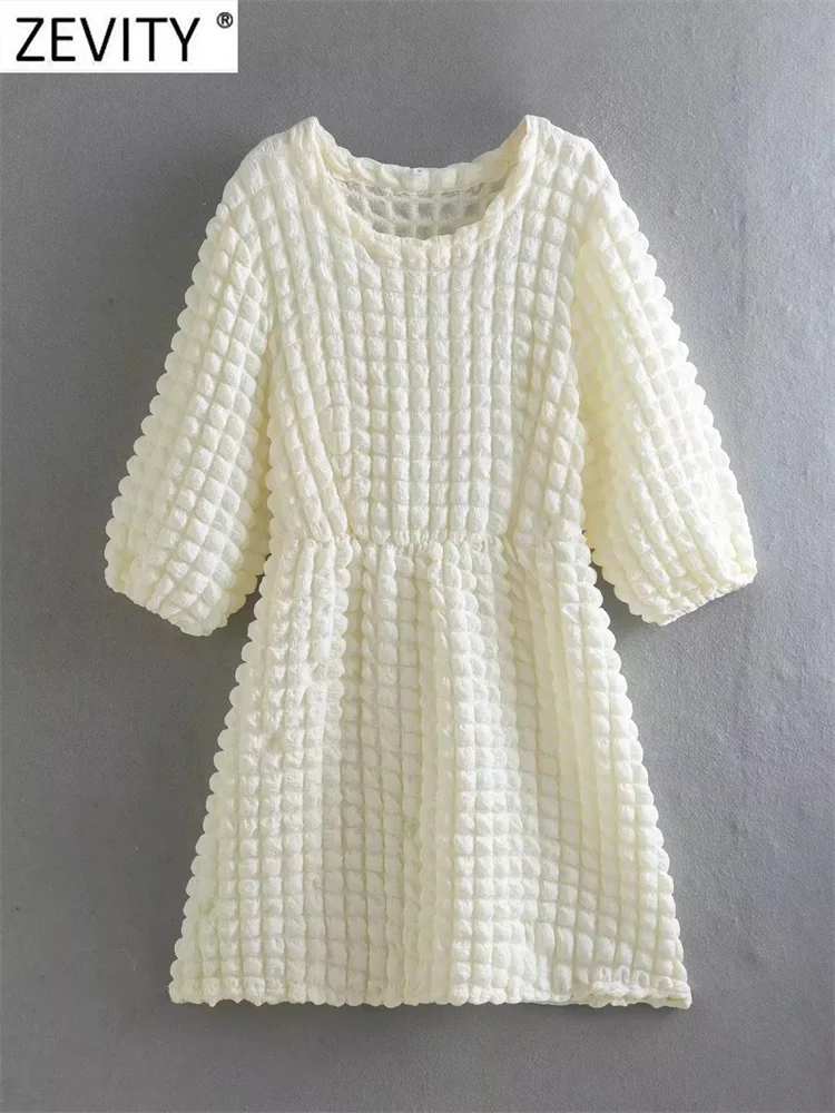 

Zevity Women Fashion O Neck Elastic Waist Casual Slim Bubble Knitting Mini Dress Female Three Quarter Sleeve Vestidos DS2216