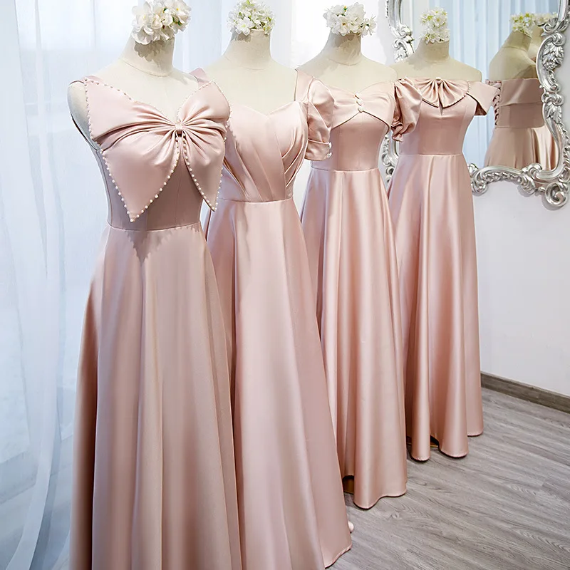 Женское атласное платье подружки невесты розовое длинное для свадьбы выпускного