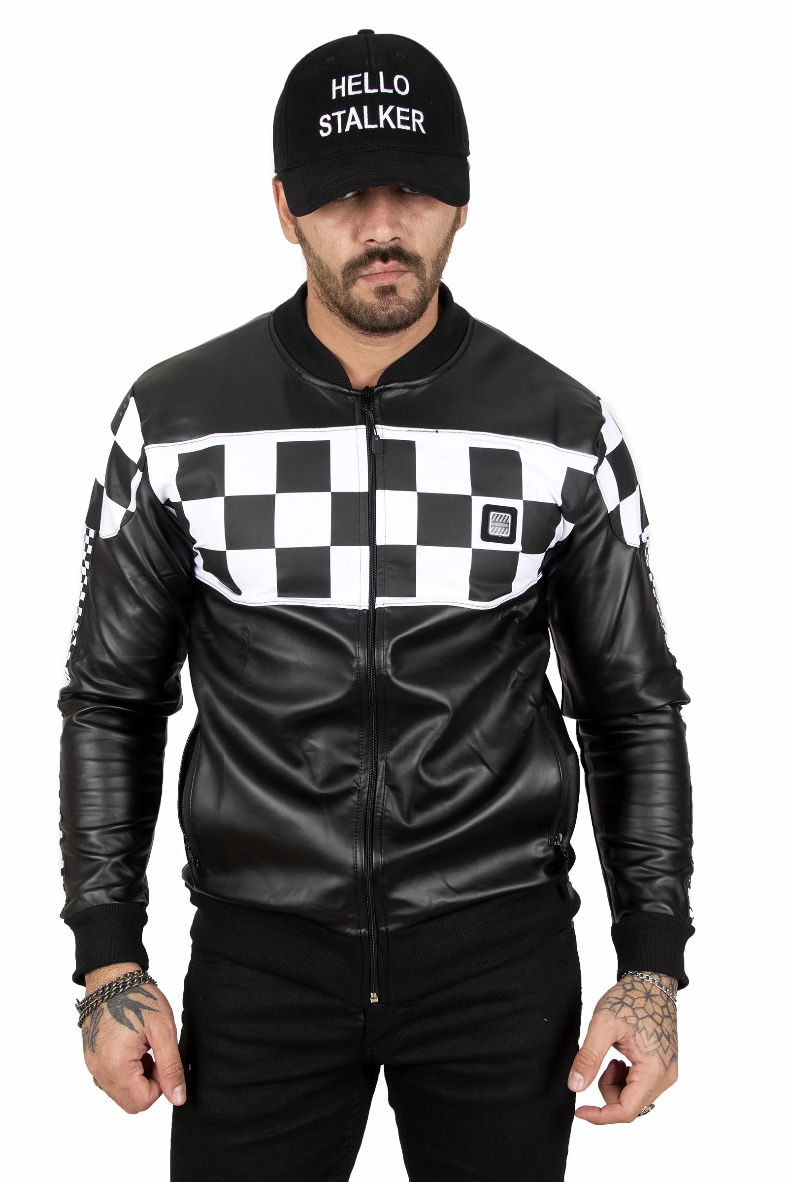 DeepSEA Checkerboard Embossed Zipper Leather Coat 2100182