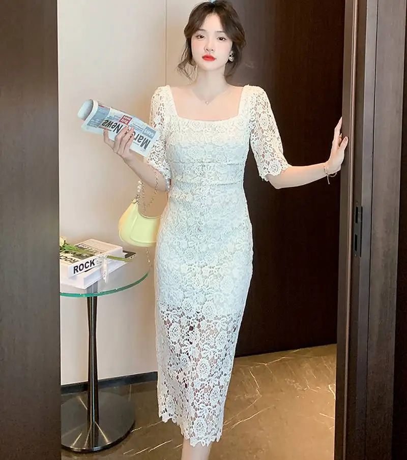 

Женское кружевное ажурное платье, элегантное белое праздничное платье с коротким рукавом и высокой талией, лето 2022