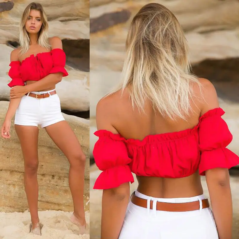 

Women's Sexy Short Top Shoulder Length Style Solid Color Elastic Ruffled Trim Chest Wrap Breathable Blouse