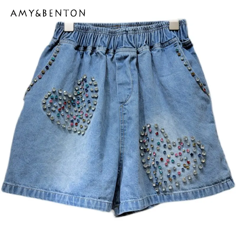 

European Style Summer Wear Jeans Short Pants New Heavy Industry Rhinestone Love High Waist Loose Slimming Denim Wide Leg Shorts