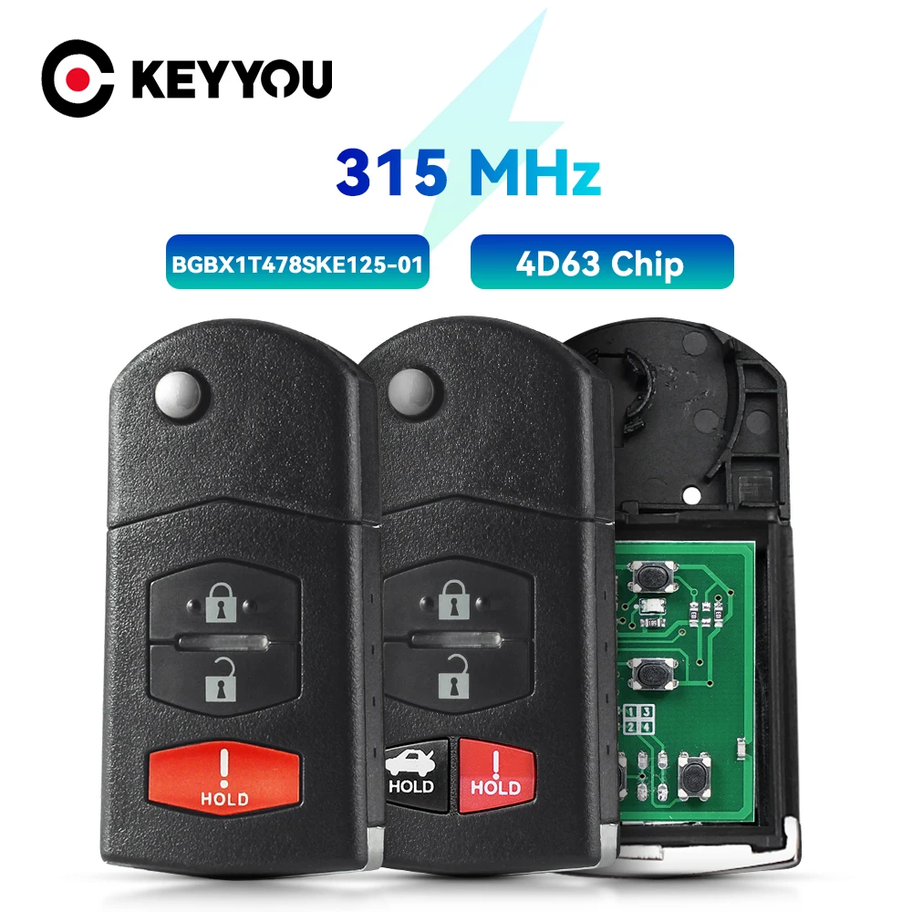 KEYYOU 3 Buttons Remote Folding Car Key For Mazda 3 5 6 CX-7 CX-9 MX-5 Miata BGBX1T478SKE125-01 4D63 Chip Fob 315Mhz