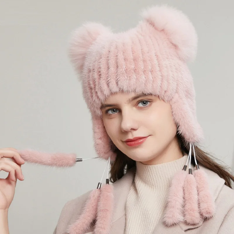 

Women Beanie Hat Natural Mink Fur Bonnets Russian Ushanka Caps Winter Warm Ears Fashion Bomber CapDropshipping Wholesale New