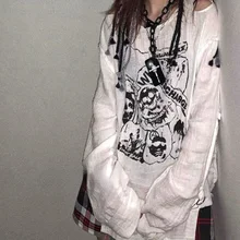 QWEEK Gothic Punk Skull Print Women T Shirt Emo Goth White Off Shoulder Long Sleeve T-shirt Streetwear Black Irregular Dark Tops
