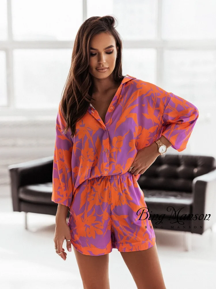 2023 Summer Women's Casual Loose Shirt Shorts Set Shirt Shorts Two Piece Printed Solid Color Fashion Piece Street Clothing