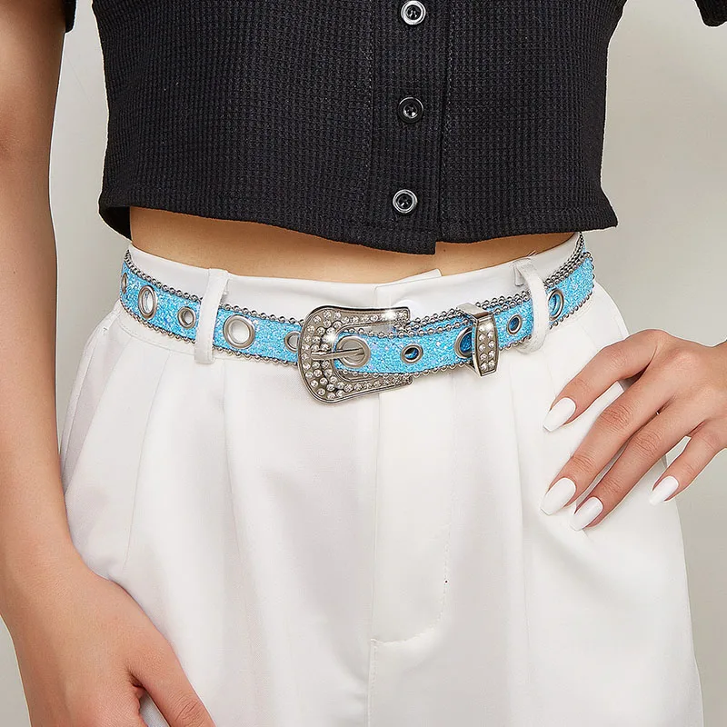 Fashion Thin Bule Rhinestone Belt for Women Y2K Luxury Sparkly Pin Buckle Waist Strap Female Jeans Trouser Decorated Waistband