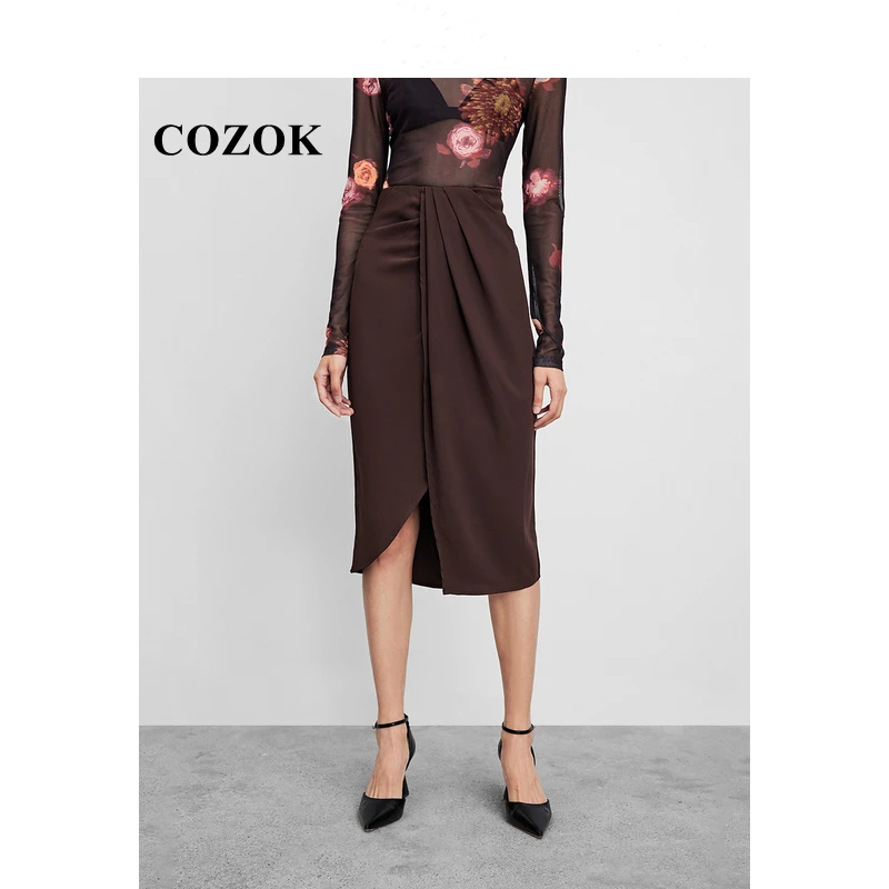 COZOK Women's Fashion Temperament High Waist Pleated Slit Long Skirt Long Skirt