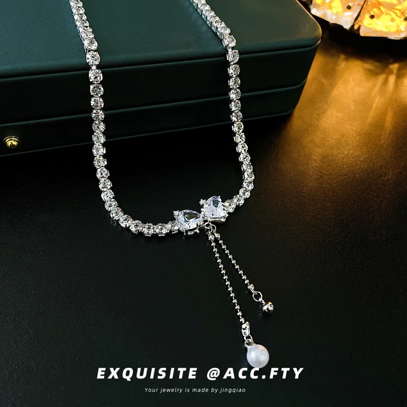 

Ожерелье с жемчужной кисточкой и бантом из циркония в форме сердца, женское ожерелье с цепочкой до ключиц из Южной Кореи