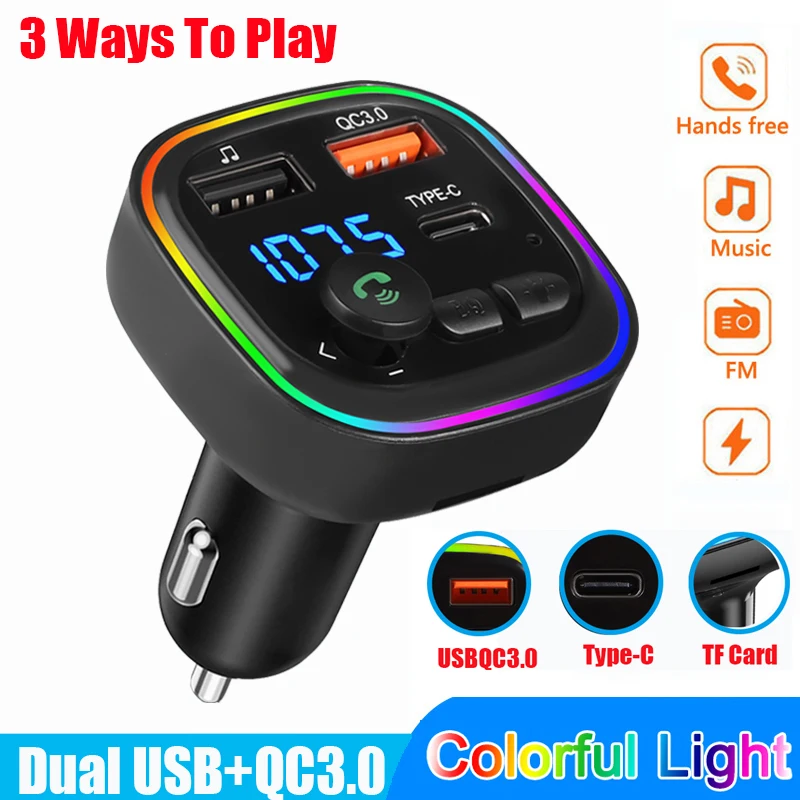 

Car Bluetooth 5.0 FM Transmitter PD 18W Type-C Dual USB Charger Ambient Light Handsfree MP3 Modulator Player Audio Receiver
