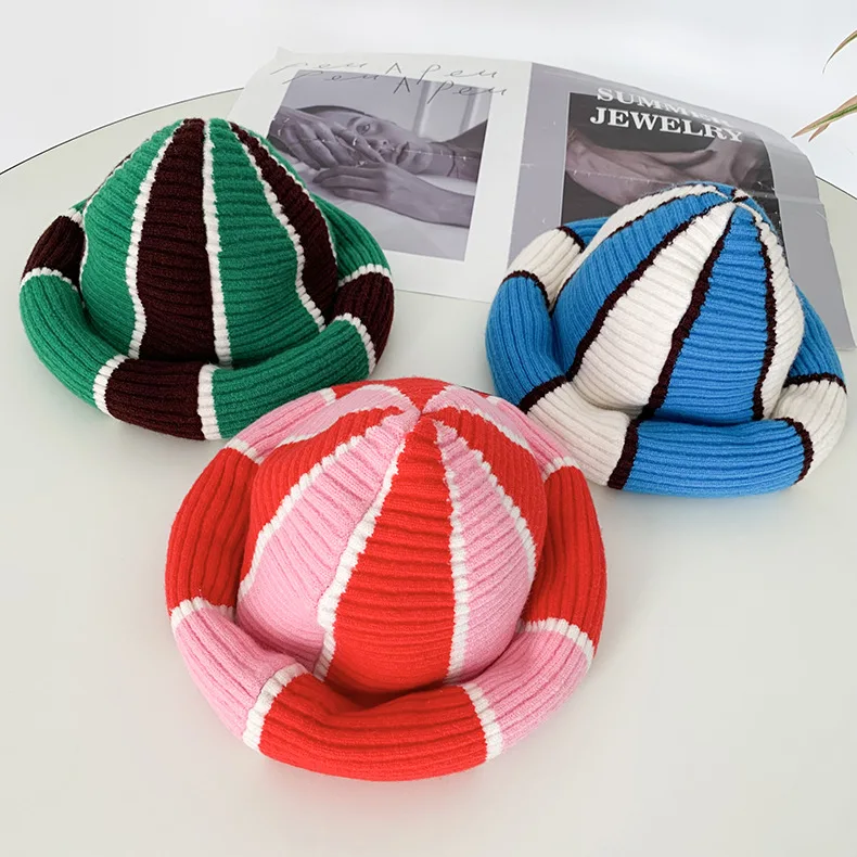 

2021 Autumn Winter Women and Men Striped Knitted Hat New Unisex Woolen Warm All-Match Curled Caps