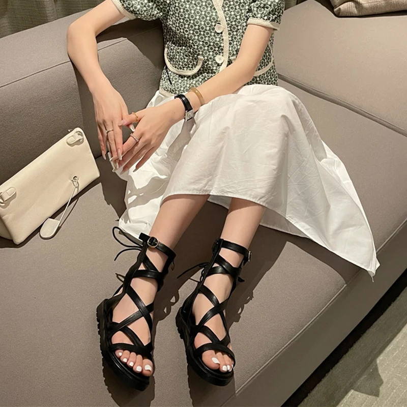 Сандалии в римском стиле женские босоножки на шнуровке с высоким верхом и мягкой