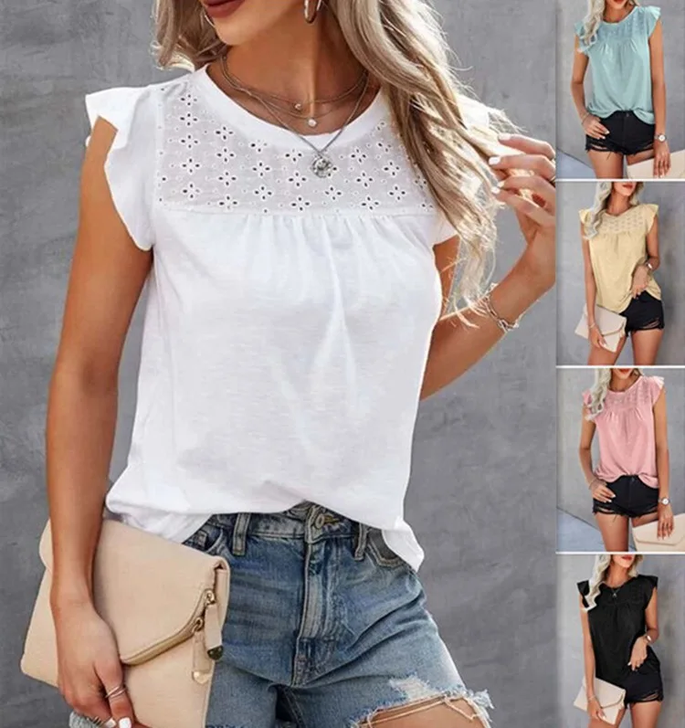 

Summer Fashion T-shirt Woman Casual Hollow Out Solid Color Patchwork Short Sleeve Loose Top Women's Elegant T-shirt New Design