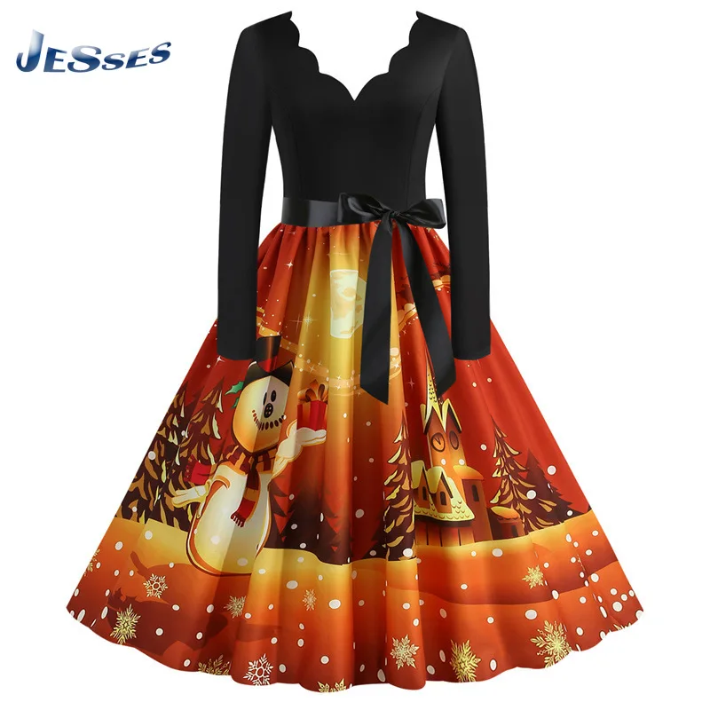 

Женское платье с длинным рукавом и V-образным вырезом, в стиле ретро