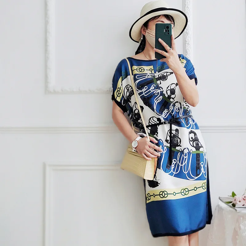 Women's Silk Dress Retro Print Splicing Ice Silk Loose Mid Skirt Short Sleeve 2022 Summer
