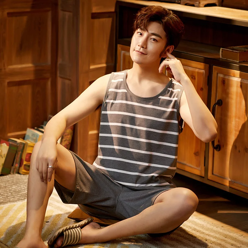 Летние вязаные хлопковые жилет для пары пижамный комплект свободная мягкая