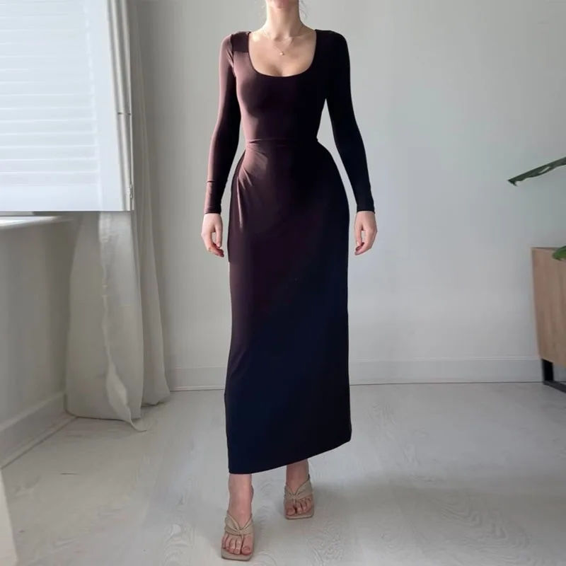 

Women's Wear Long Skirt New Elegant U Neck Long-Sleeve Female Party Robe Solid Fashion Tie-up Slim Waist Basic Maxi Length Dress
