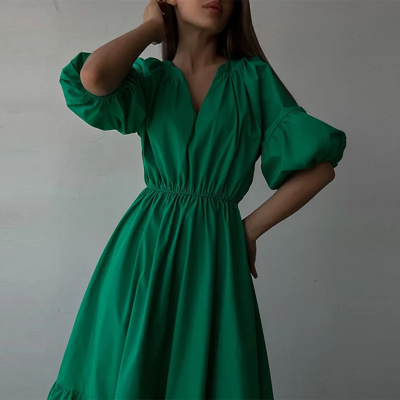 

YEMOGGY V-Neck Short Puff Sleeve Midi Dress for Women Summer Dresses 2022 New Pure Fold High Waist Ruffle Swing Hem A-line Dress