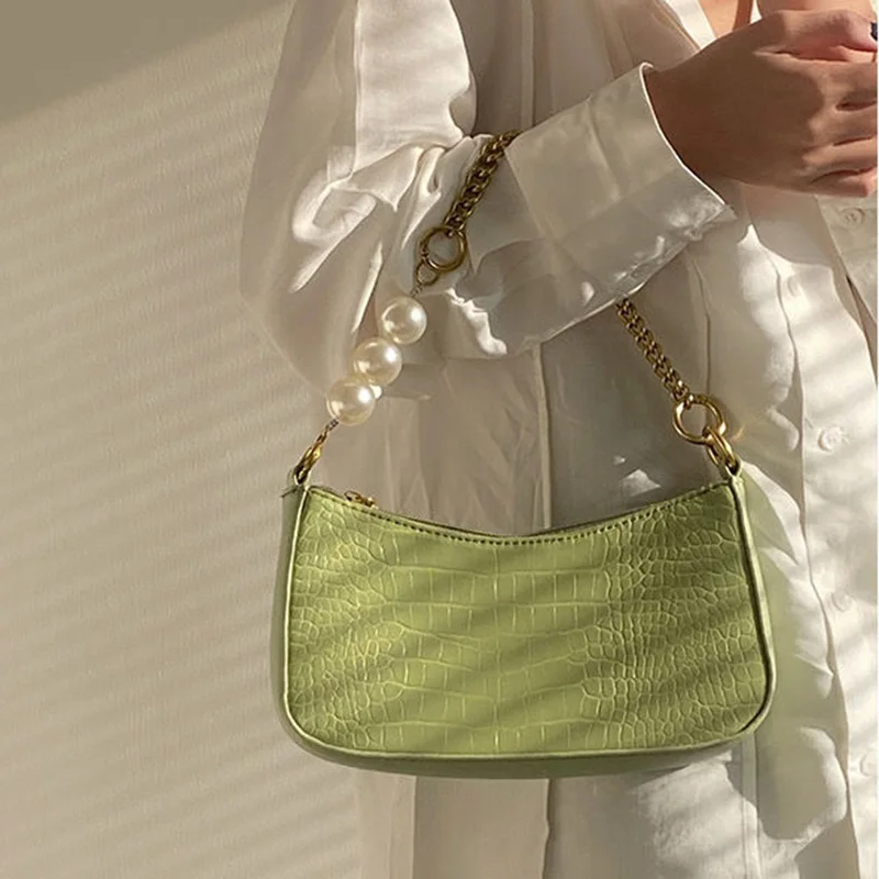 

Vintage Crocodile Pearl Chain Underarm Bag New Textured Shoulder Crossbody Organizer Trendy Solid Color Fashion Crescent Bags