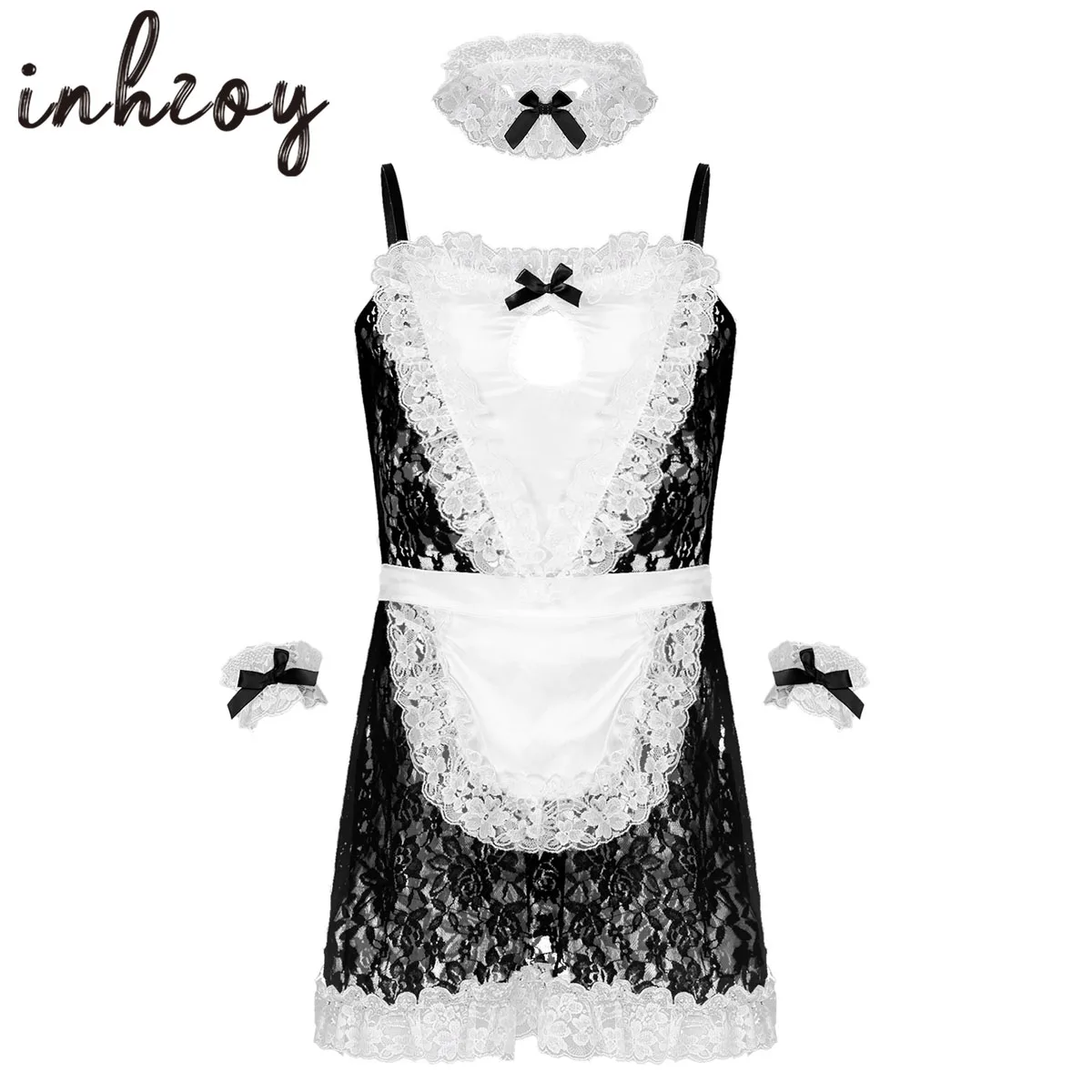 Mens Male Sissy Maid Dress Cosplay Costume Clubwear See-through Floral Lace Frilly Maid Servant Uniform Dress with Apron