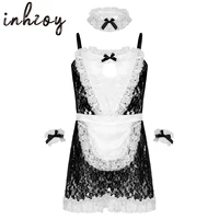 mens male sissy maid dress cosplay costume clubwear see through floral lace frilly maid servant uniform dress with apron