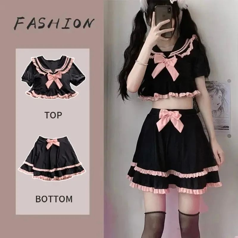 

Women Hollowed Multilayer Hem Swimwear Bow Tie Cute Girl Lolita Bikini Suit Pink Black Ruffle Lace-up Swimsuit Dropshipping
