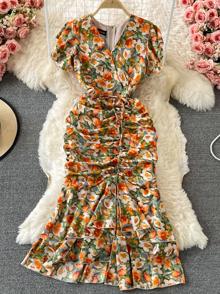 

FTLZZ Summer Elegant Women V-neck Ruffled Drawstring Dress Vintage Female Floral Print Dress Casual Empire Slim Mermaid Dress