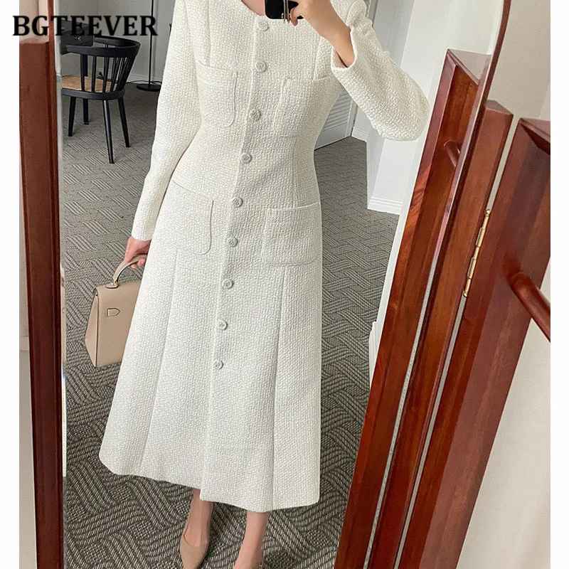 

BGTEEVER Elegant O-neck Slim Waist Female A-line Dress Elegant Long Sleeve Pockets Single-breasted Woolen Dress for Women