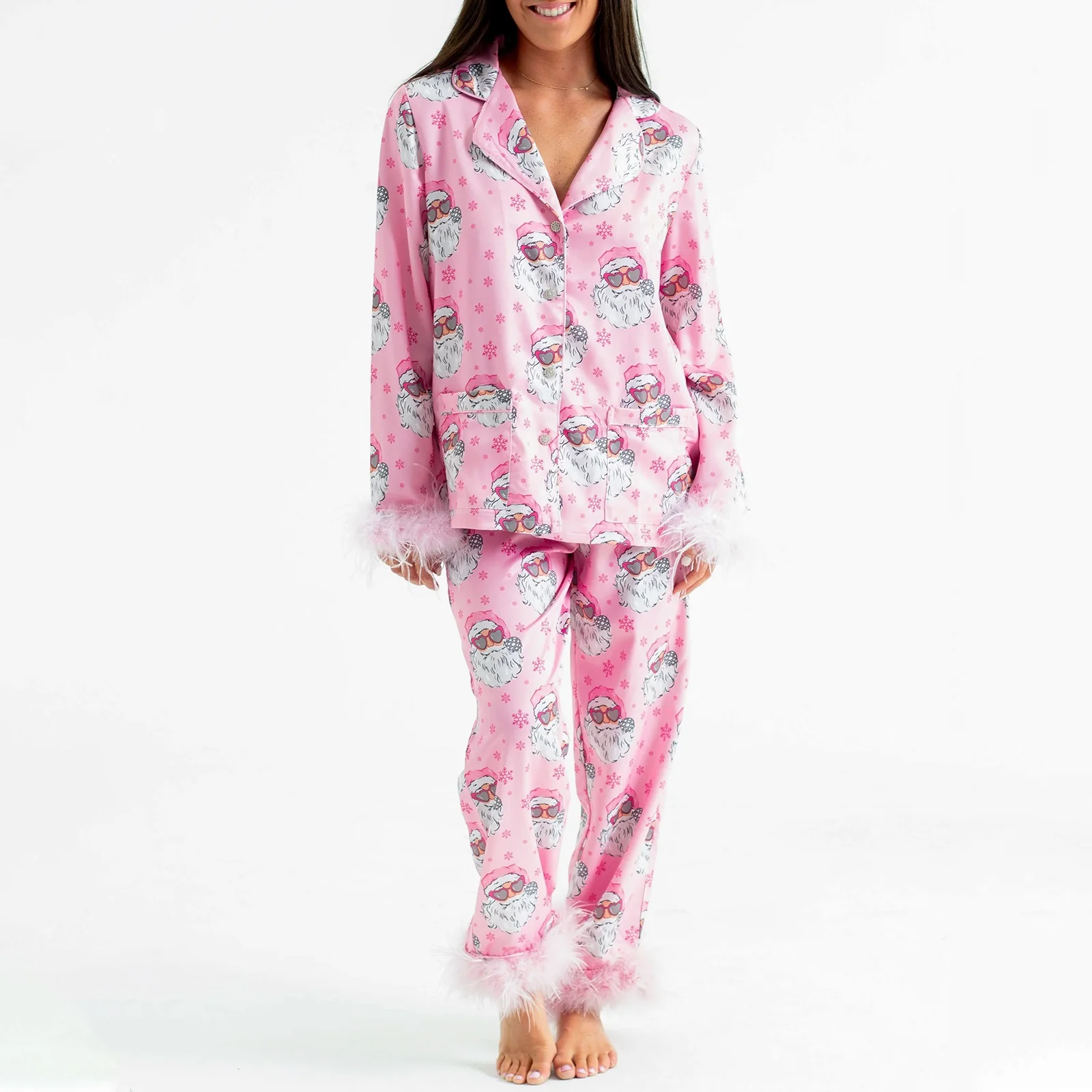 Рождественские пижамы для женщин шелковые атласные комплекты домашней одежды