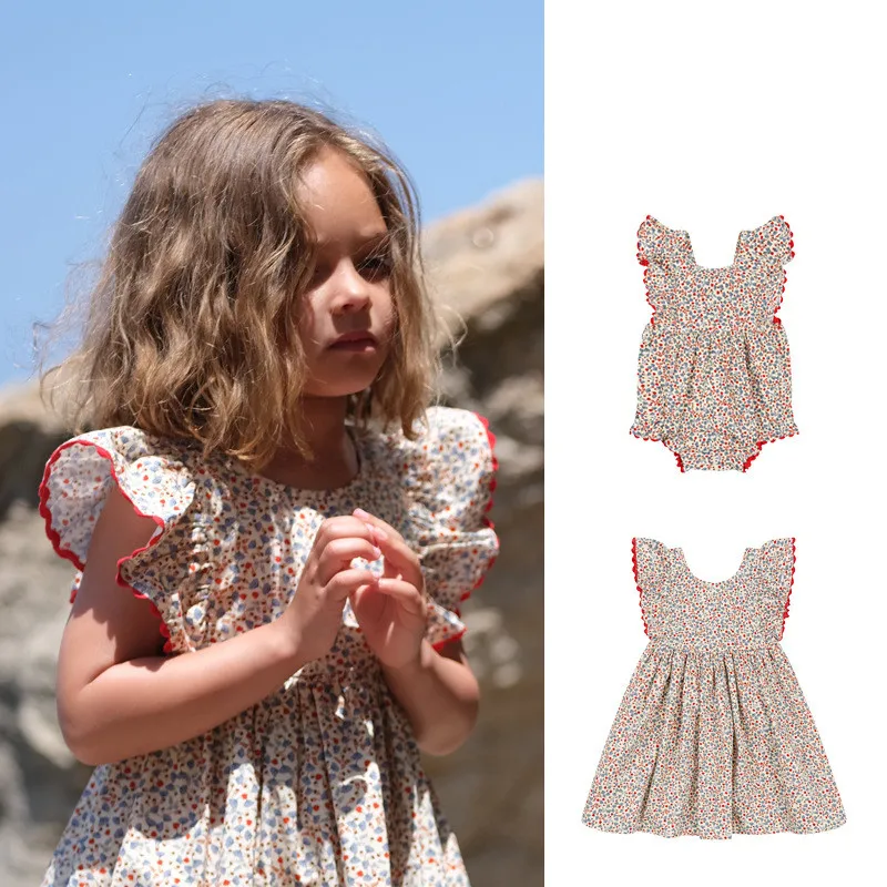 

2023 Summer Twin Sister Matching Wear for Baby Girls Kids Vintage Floral Sundress and Sleeveless Rompers Children BC Boutique