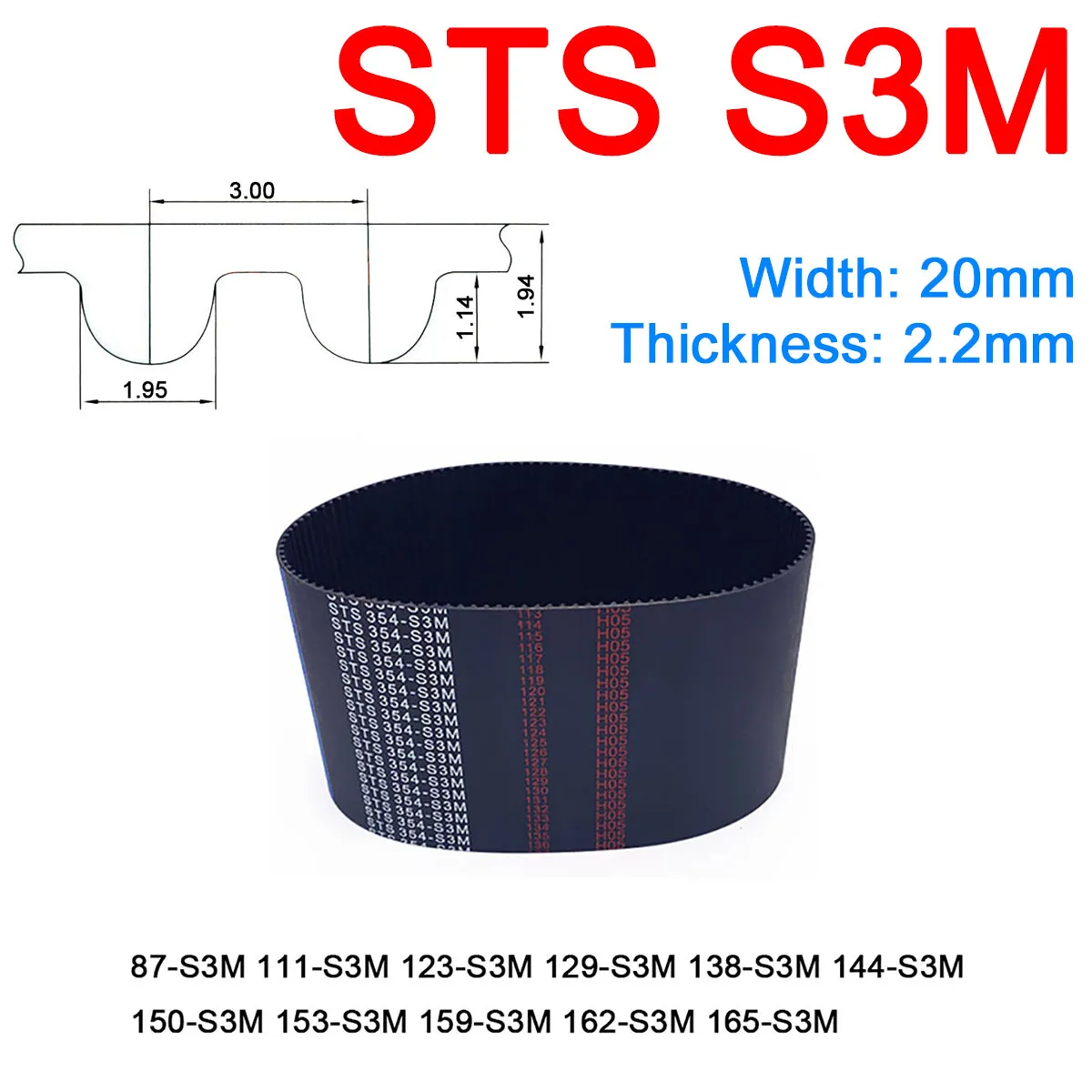 

1Pc Width 20mm S3M Rubber Arc Tooth Timing Belt Pitch Length 87 111 123 129 138 144 150 153 159 162 165mm Synchronous Belts