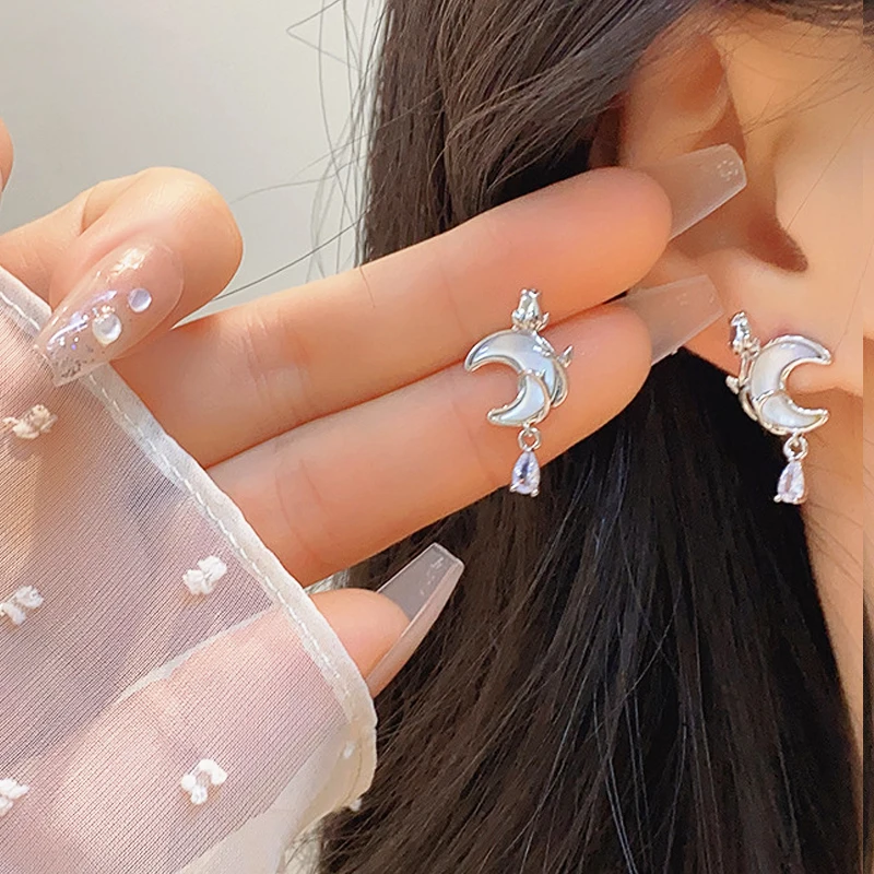 

Romantic Moon Exquisite Rose Twine Water Shine Zircon Earrings Temperament Silver Color Shine Earrings Fashion Trendy Pendant