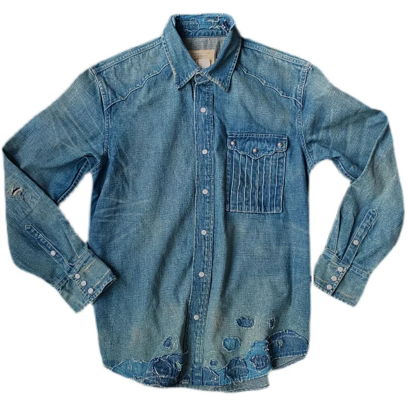 

Men's Denim Shirt Western Pleated Patchwork Loose Fit Cowboy Safari Workwear America Vintage Clothes