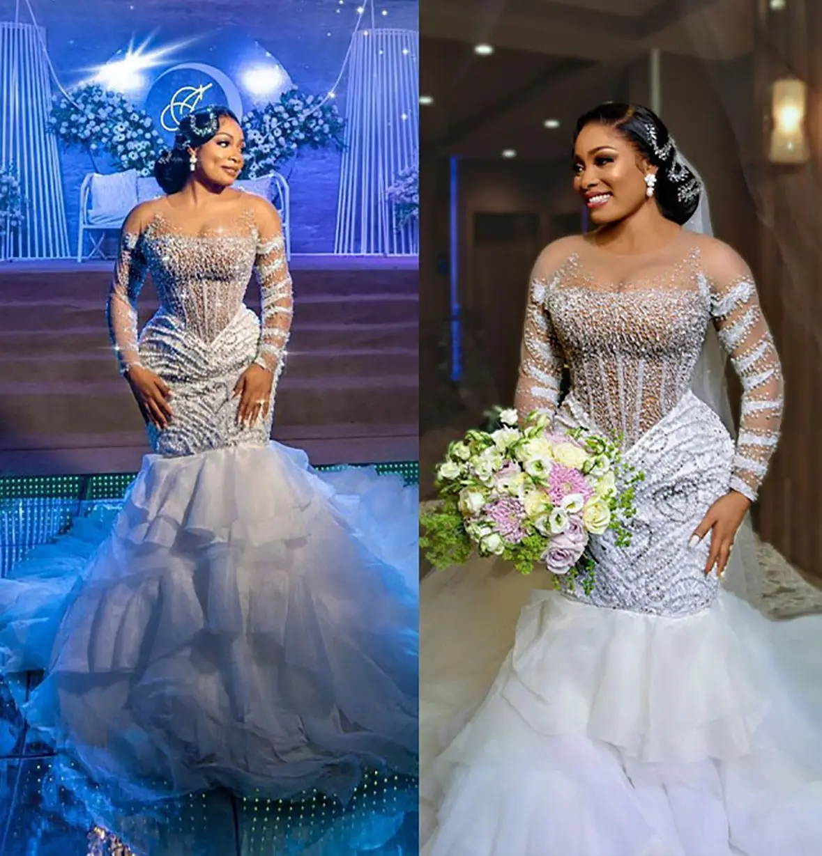 

Plus Size Mermaid Pearls Wedding Dresses Bridal Gowns Sheer Neck Long Sleeve Beads Custom Made Tiered Ruffles Vestido de novia