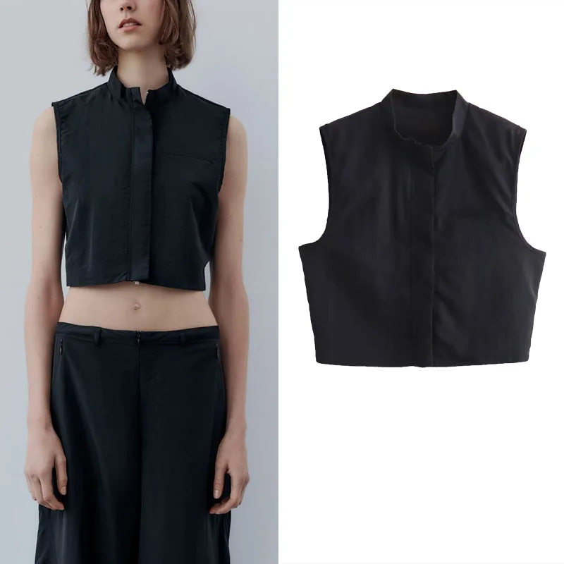 

TRAF Womens Sleeveless Cropped Vest Sets Vintage High Collar Zip Up Vest Casual Wide Leg Zipper Pants Woman Black 2 Pieces Sets