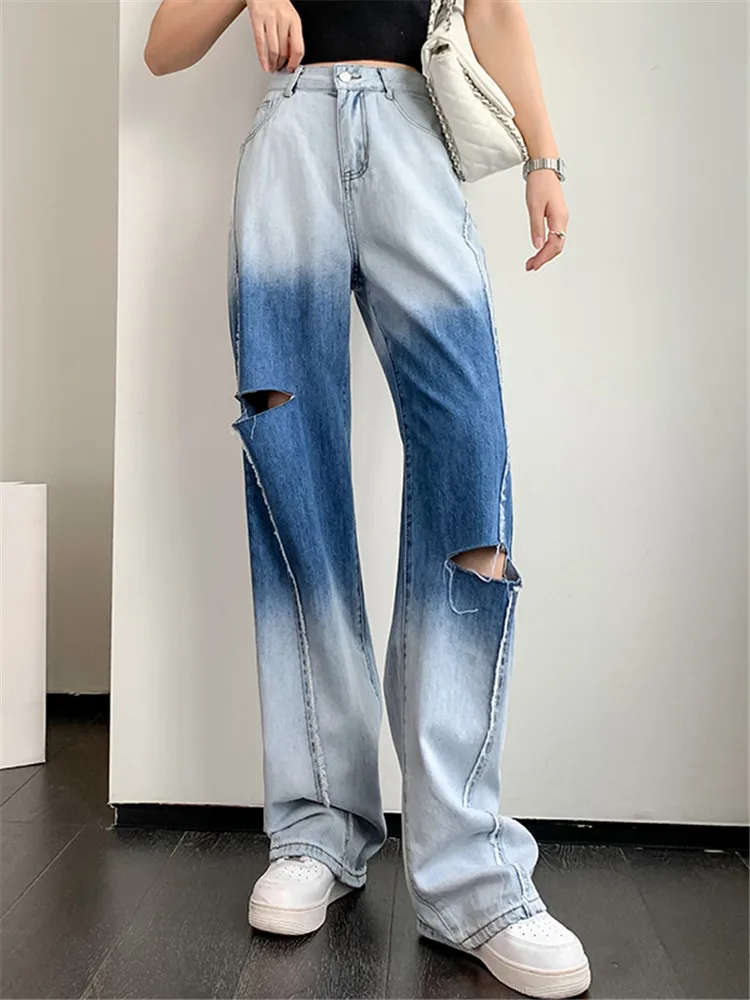 

High Waist Gradient Color Distressed Jeans for Women Summer Streetwear Hip Hop Loose Hole Wide Leg Straight Denim Pants 9239