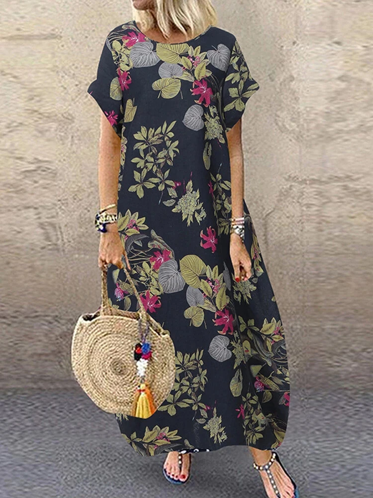 

Bohemian Holiday Sundress Summer Women Vintage Floral Printed Short Sleeve Beach Dress Loose Long Vestidos Robe Femme